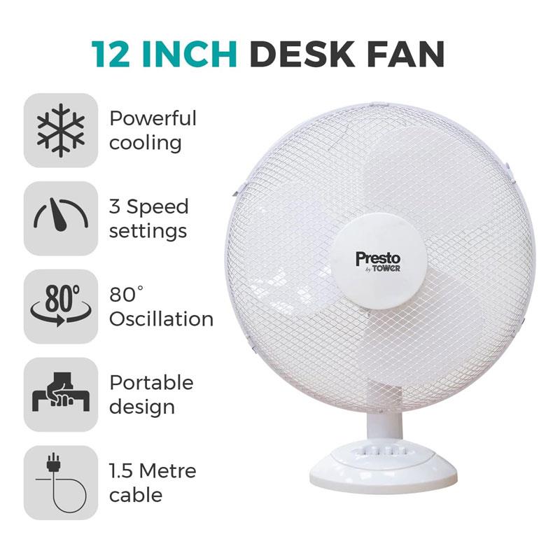 Tower Presto 12 Inch Desk Fan 3 Speed Settings 80° Oscillation 35W - White