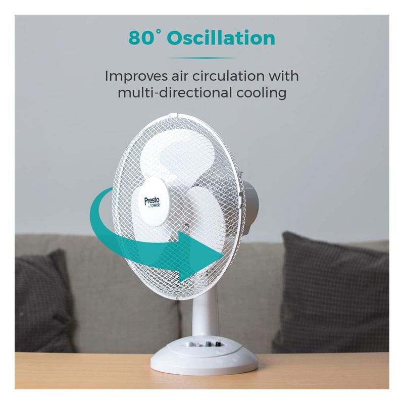 Tower Presto 12 Inch Desk Fan 3 Speed Settings 80° Oscillation 35W - White
