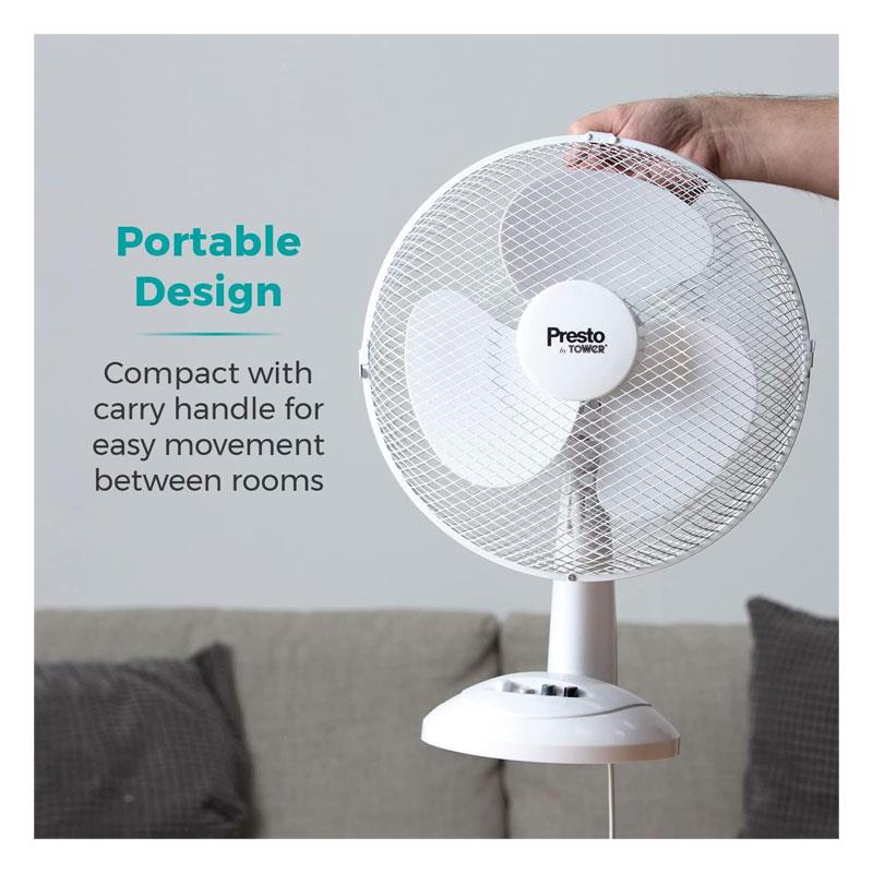 Tower Presto 12 Inch Desk Fan 3 Speed Settings 80° Oscillation 35W - White