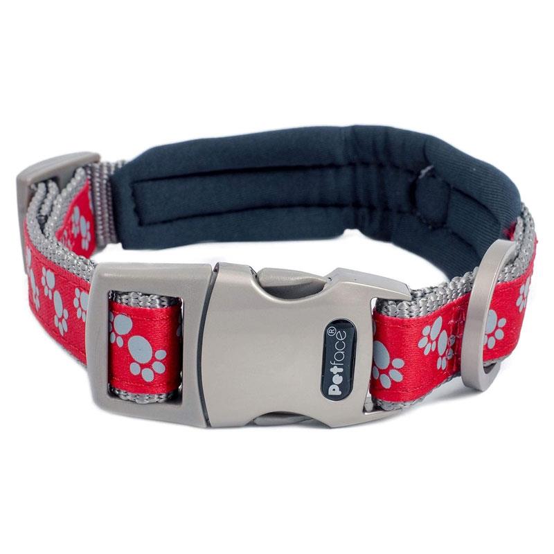 Petface Signature Padded Dog Collar Medium Red With Grey Paws
