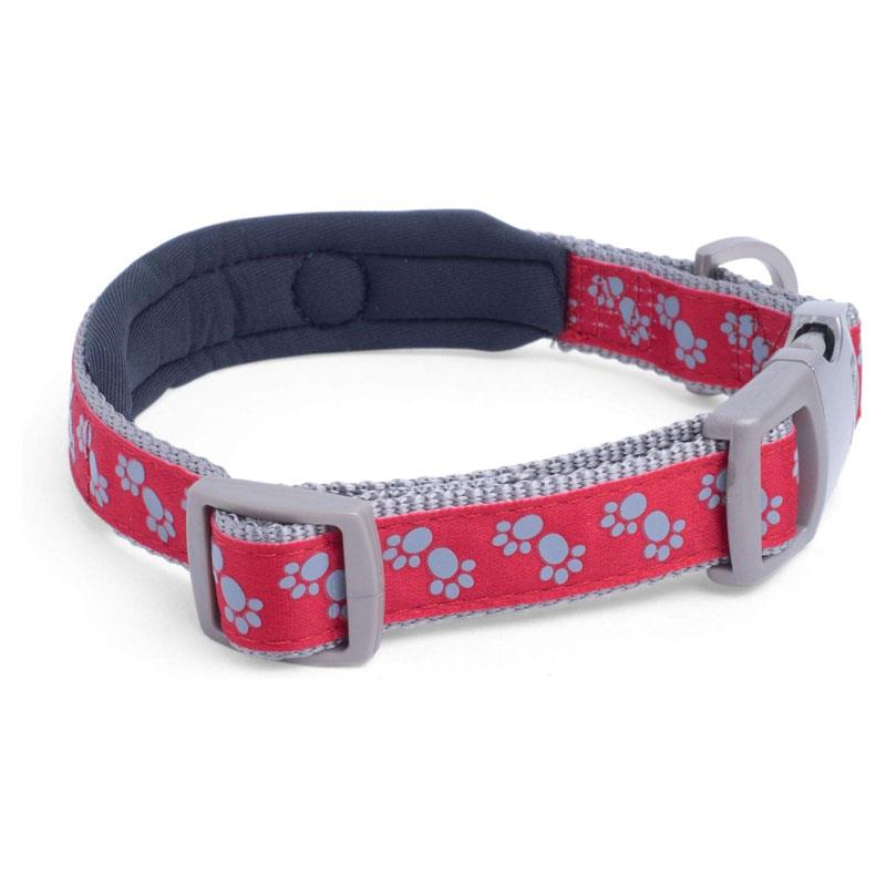 Petface Signature Padded Dog Collar Medium Red With Grey Paws