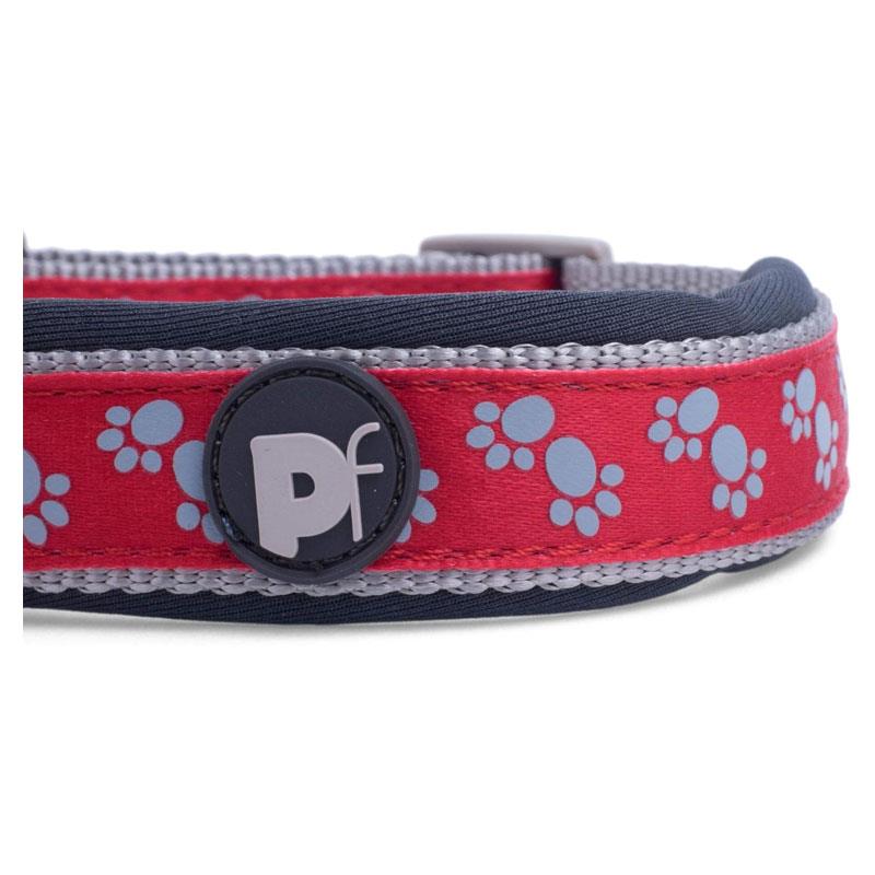 Petface Signature Padded Dog Collar Medium Red With Grey Paws