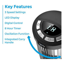 Igenix 12 Inch Digital Mini Tower Fan With 3 Fan Speed Settings Oscillation And 8 Hour Timer - Black