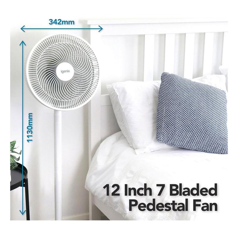 Igenix 12 Inch Pedestal Fan 7 Blades Oscillation 3 Speed Settings - White