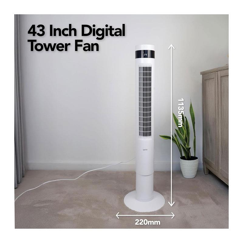Igenix 43 Inch Digital Tower Fan 3 Speed Settings Remote Control - White