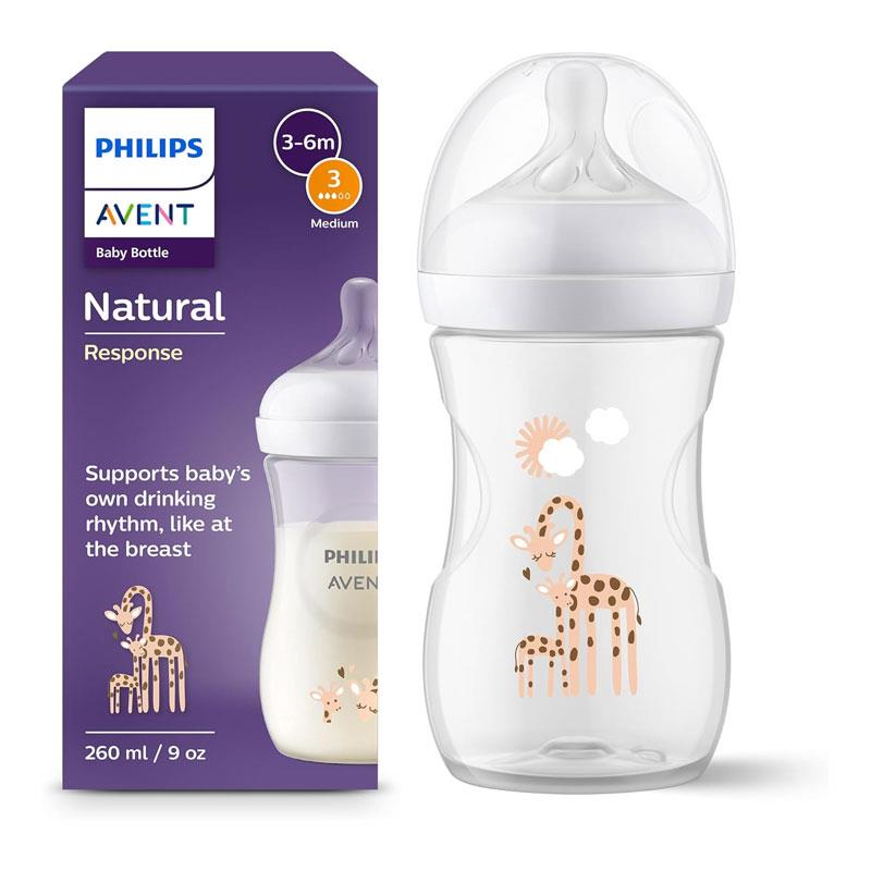 Philips Avent Natural Response Baby Milk Bottle 260ml Flow 3 Teat 1 Month+ - Giraffe Main image