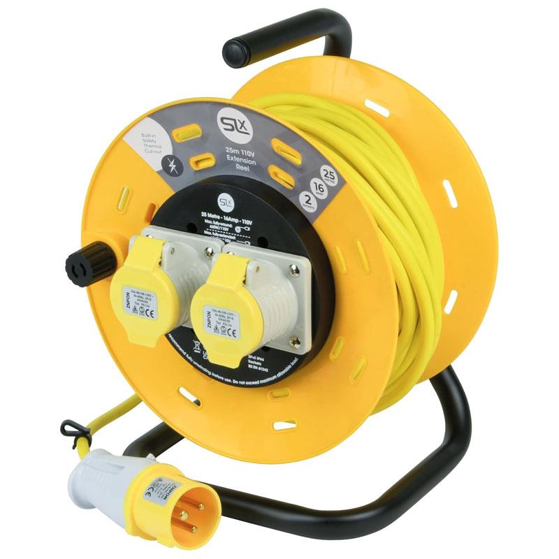 SLx Extension Lead Industrial 25m Open Drum Cable Reels 2 Socket 16A Fused 110V - Yellow Main image