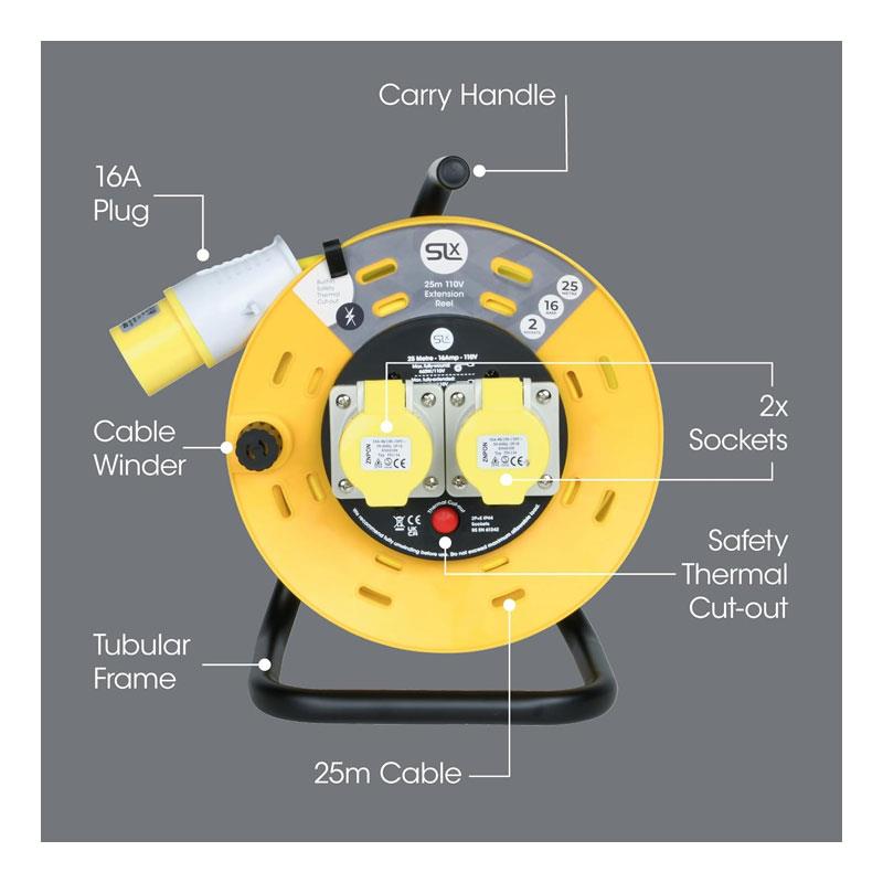 SLx Extension Lead Industrial 25m Open Drum Cable Reels 2 Socket 16A Fused 110V - Yellow Secondary image
