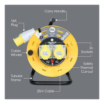 SLx Extension Lead Industrial 25m Open Drum Cable Reels 2 Socket 16A Fused 110V - Yellow