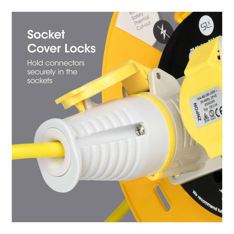 SLx Extension Lead Industrial 25m Open Drum Cable Reels 2 Socket 16A Fused 110V - Yellow