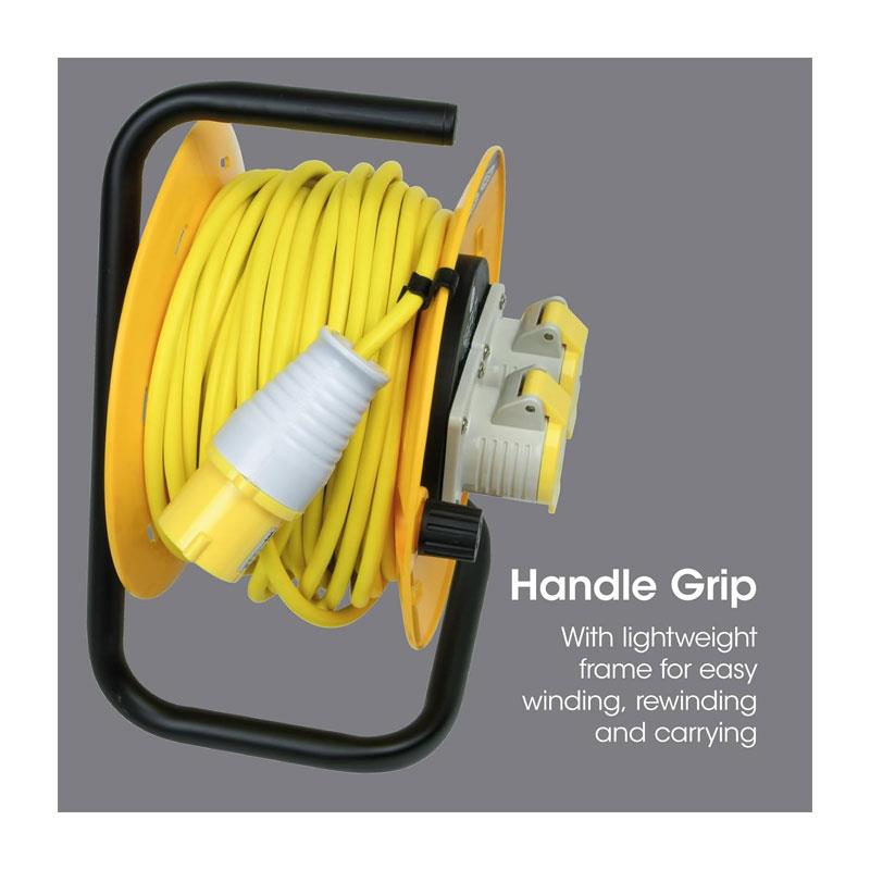 SLx Extension Lead Industrial 25m Open Drum Cable Reels 2 Socket 16A Fused 110V - Yellow