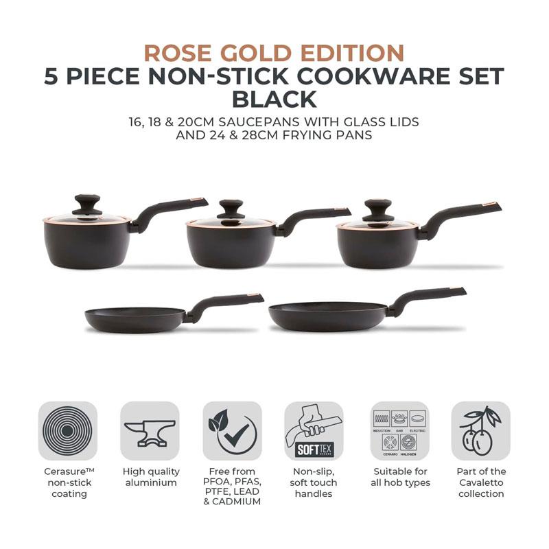 Tower Cavaletto 5 Piece Cookware Set 16cm 18cm 20cm Saucepans 24cm 28cm Frying Pans - Black & Rose Gold
