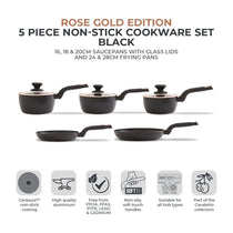 Tower Cavaletto 5 Piece Cookware Set 16cm 18cm 20cm Saucepans 24cm 28cm Frying Pans - Black & Rose Gold