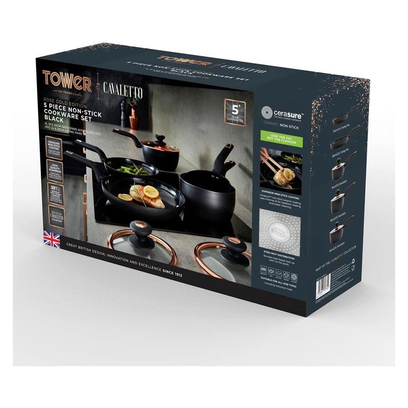 Tower Cavaletto 5 Piece Cookware Set 16cm 18cm 20cm Saucepans 24cm 28cm Frying Pans - Black & Rose Gold