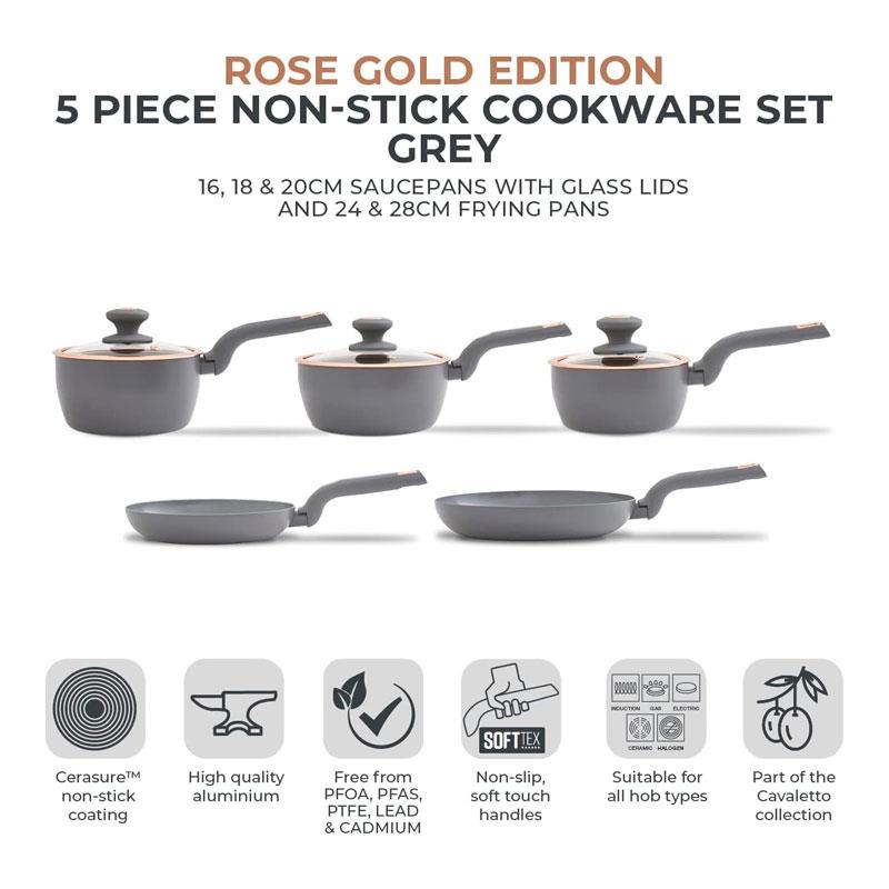 Tower Cavaletto 5 Piece Cookware Set 16cm 18cm 20cm Saucepans 24cm 28cm Frying Pans - Grey & Rose Gold