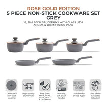 Tower Cavaletto 5 Piece Cookware Set 16cm 18cm 20cm Saucepans 24cm 28cm Frying Pans - Grey & Rose Gold