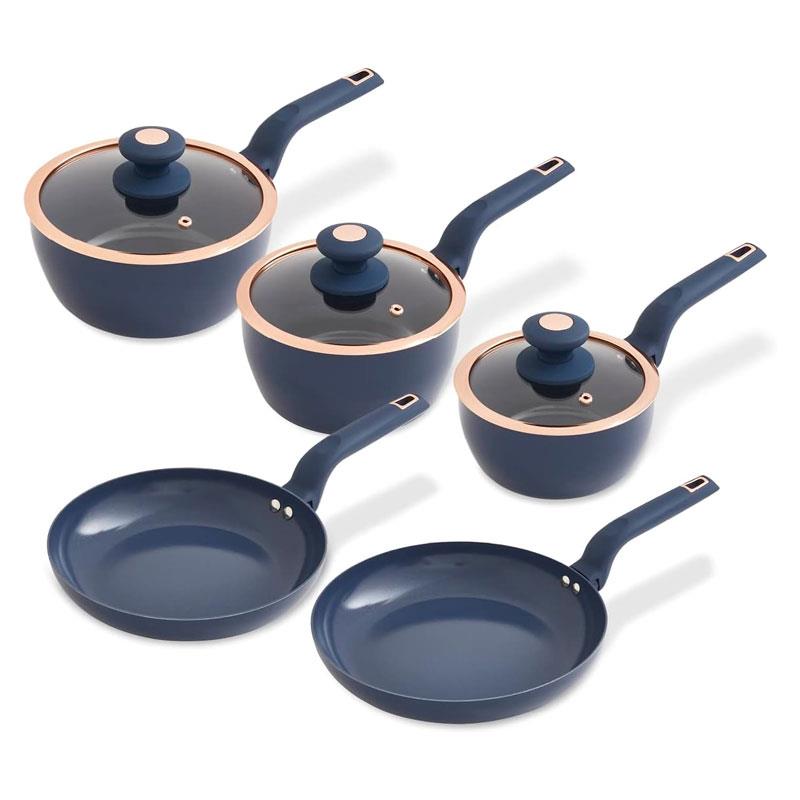 Tower Cavaletto 5 Piece Cookware Set 16cm 18cm 20cm Saucepans 24cm 28cm Frying Pans - Midnight Blue & Rose Gold