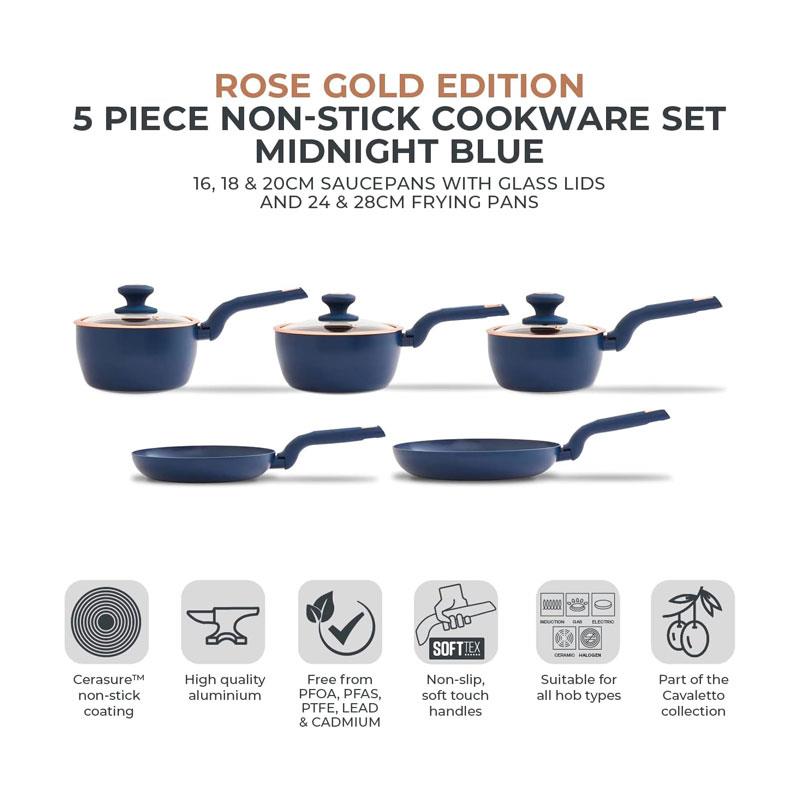 Tower Cavaletto 5 Piece Cookware Set 16cm 18cm 20cm Saucepans 24cm 28cm Frying Pans - Midnight Blue & Rose Gold Secondary image