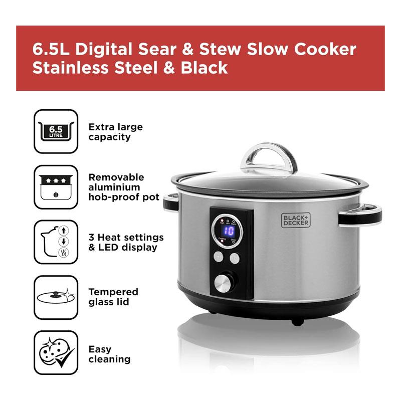 Black & Decker Digital Slow Cooker Stainless Steel 320W 6.5 Litre Silver