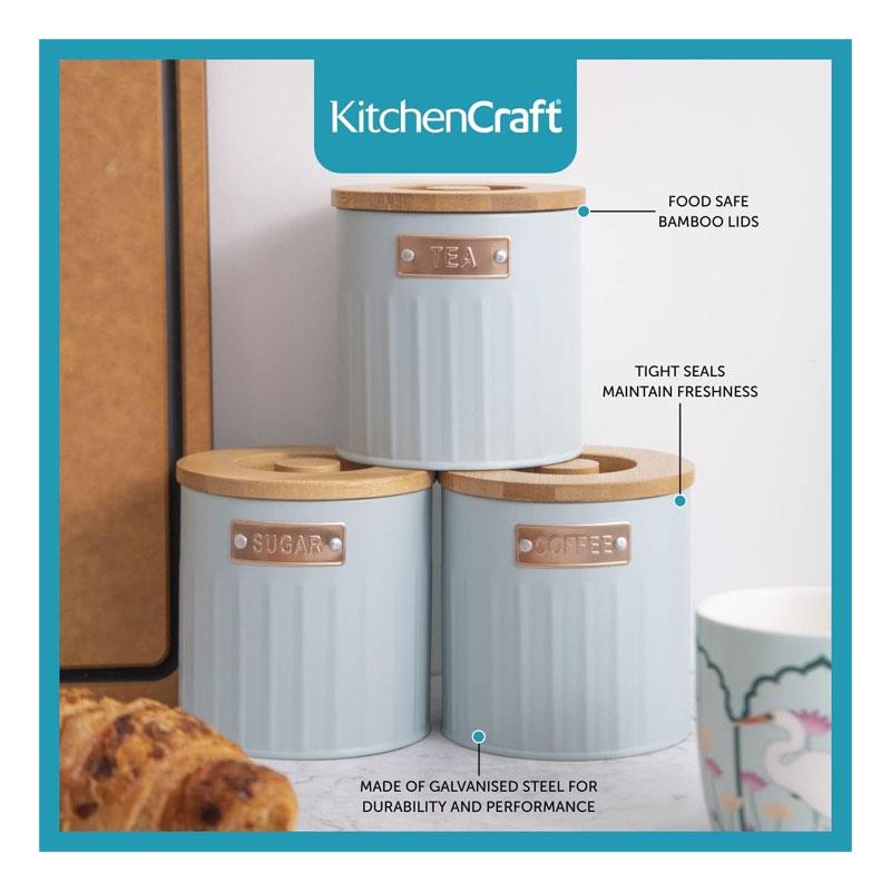 KitchenCraft Tea Coffee Sugar Canisters Set of 3 Metal 1 Litres - Light Blue