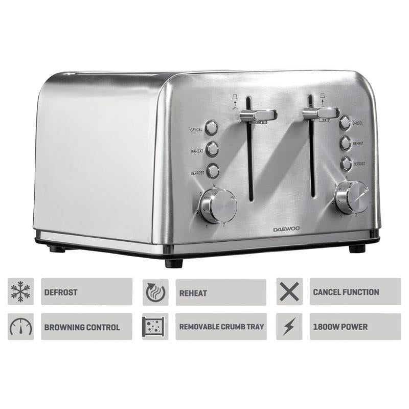 Daewoo Kensington 4 Slice Toaster Stainless Steel 1800W Silver