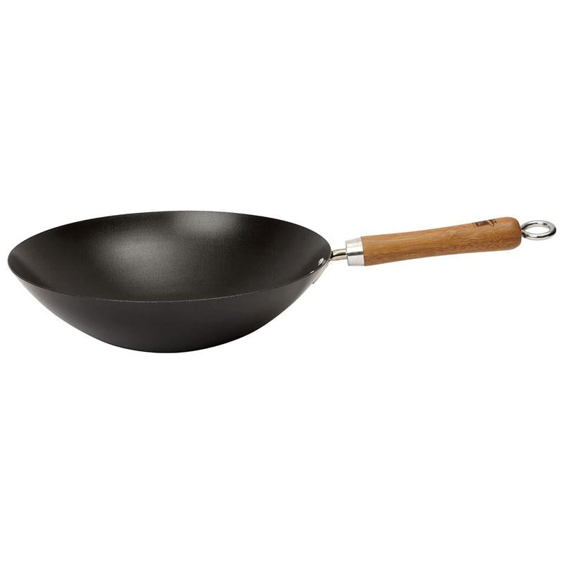 School of Wok 12 Inch/30cm Pre Seasoned Carbon Steel Flat Bottom Wok With Bamboo Handle - Black