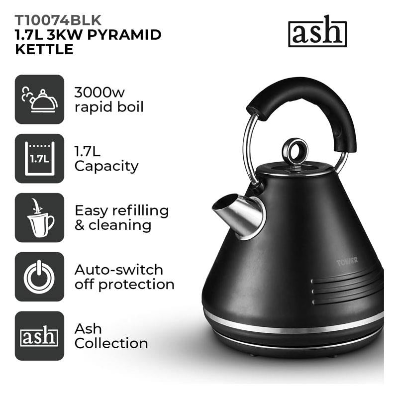 Tower Ash Matte Pyramid Kettle Chrome Accents 3000W 1.7 Litres - Black And Chrome Secondary image