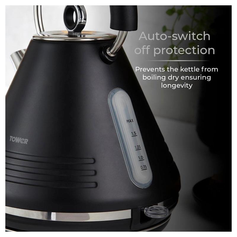 Tower Ash Matte Pyramid Kettle Chrome Accents 3000W 1.7 Litres - Black And Chrome