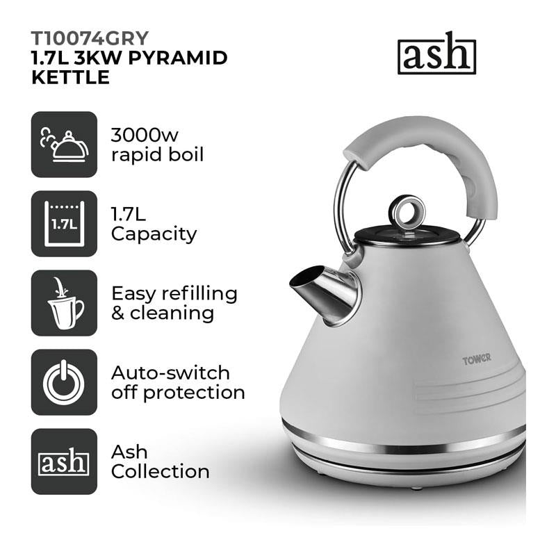Tower Ash Matte Pyramid Kettle Chrome Accents 3000W 1.7 Litres - Grey
