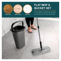 OurHouse Essentials Flat Mop And Bucket Set Dual Wringer Super Absorbent Microfibre Squeeze Mop Grey