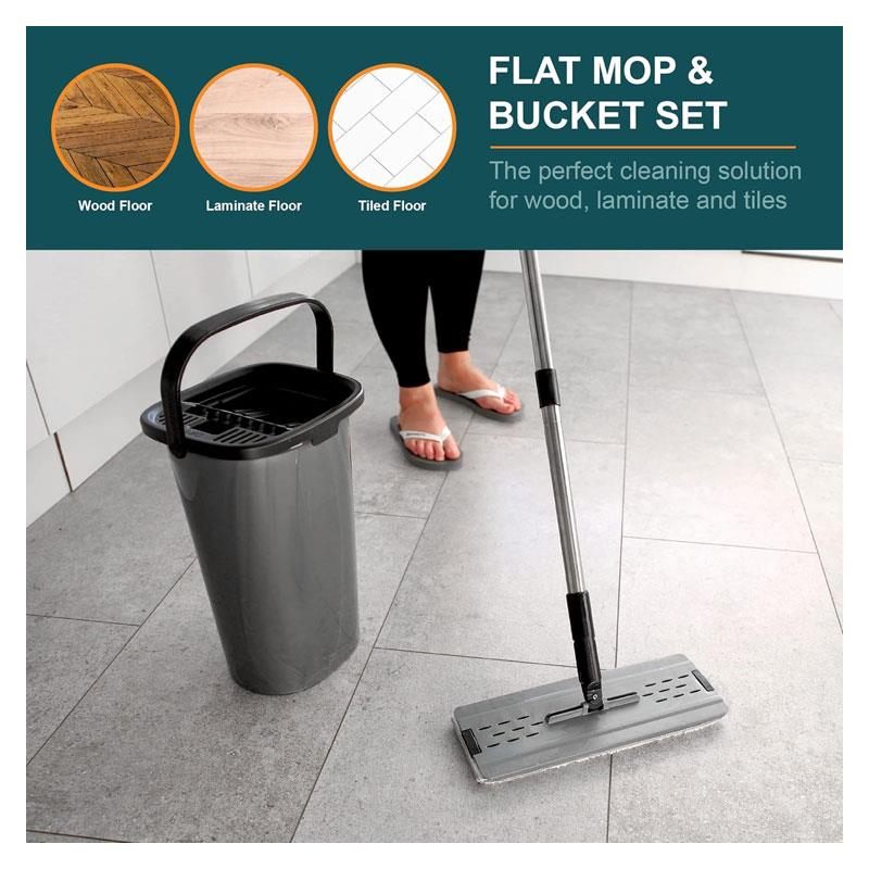 OurHouse Essentials Flat Mop And Bucket Set Dual Wringer Super Absorbent Microfibre Squeeze Mop Grey