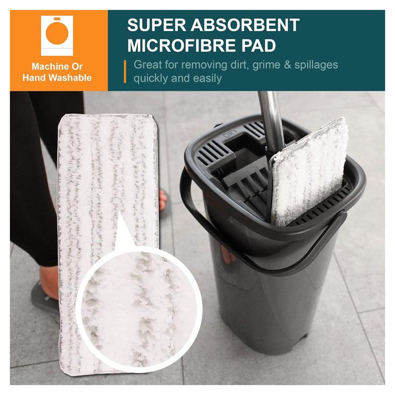 OurHouse Essentials Flat Mop And Bucket Set Dual Wringer Super Absorbent Microfibre Squeeze Mop Grey