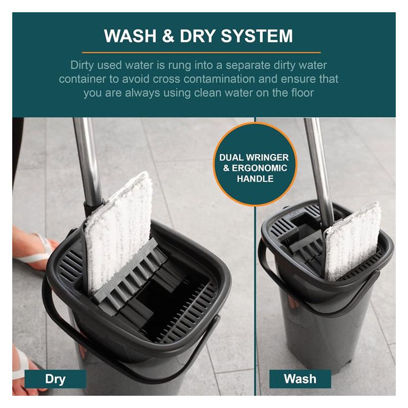 OurHouse Essentials Flat Mop And Bucket Set Dual Wringer Super Absorbent Microfibre Squeeze Mop Grey