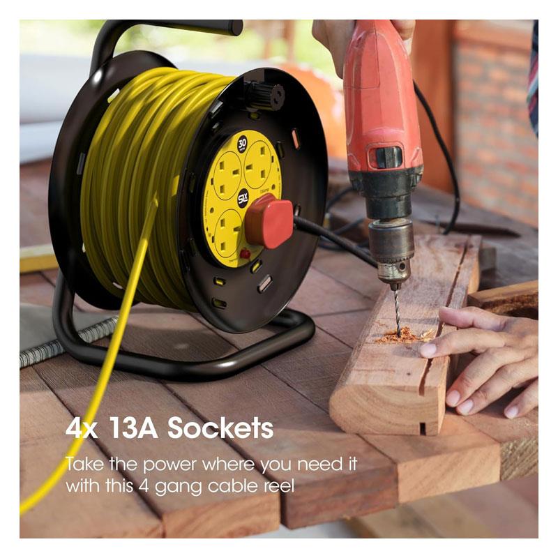 SLx 30m Extension Cable Reel With Four 13A Sockets - Yellow