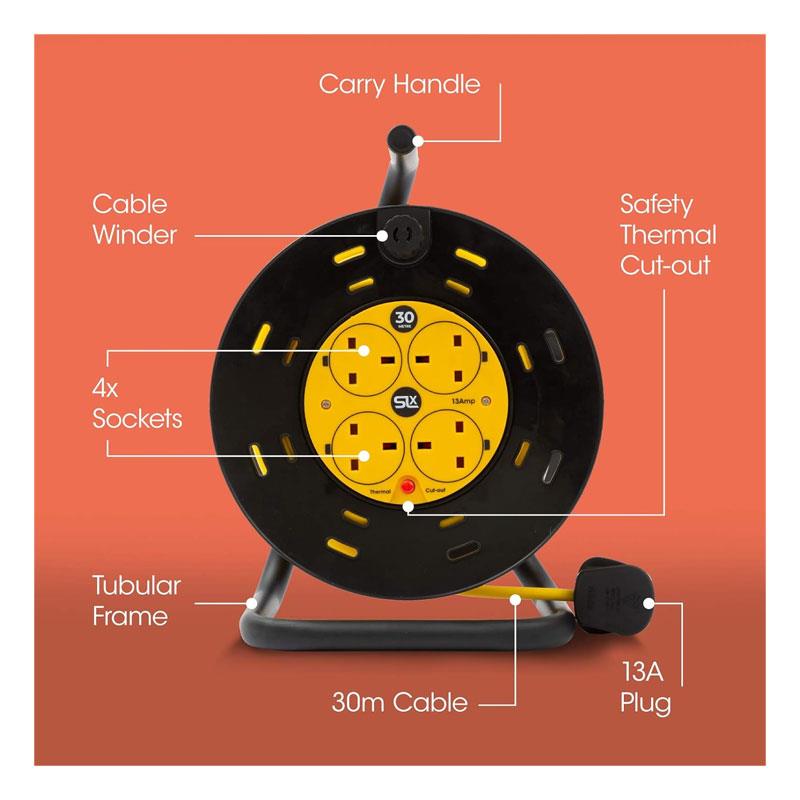 SLx 30m Extension Cable Reel With Four 13A Sockets - Yellow