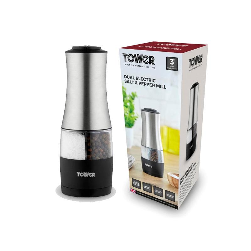 Tower Dual Electric Salt And Pepper Mill Battery Operated Adjustable Ceramic Grinders Stainless Steel Black
