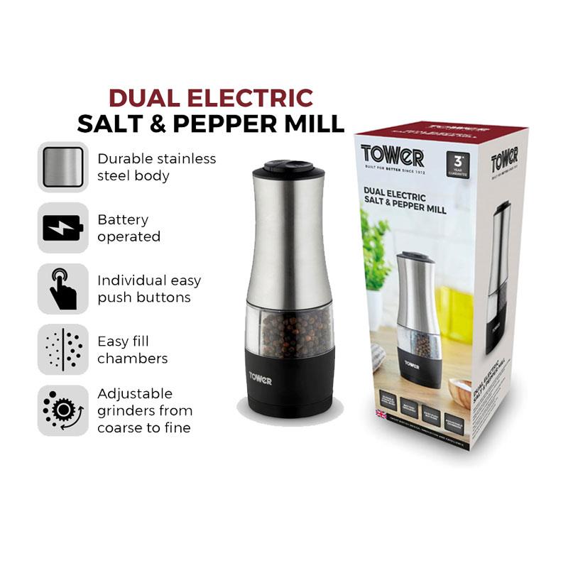 Tower Dual Electric Salt And Pepper Mill Battery Operated Adjustable Ceramic Grinders Stainless Steel Black
