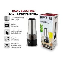 Tower Dual Electric Salt And Pepper Mill Battery Operated Adjustable Ceramic Grinders Stainless Steel Black