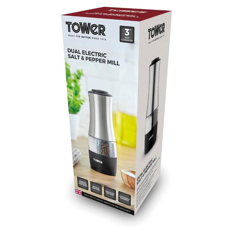 Tower Dual Electric Salt And Pepper Mill Battery Operated Adjustable Ceramic Grinders Stainless Steel Black