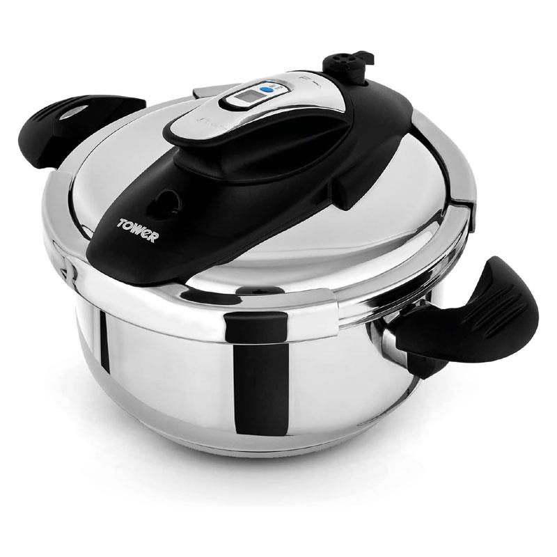 Tower One-Touch Ultima Pressure Cooker 4 Litre Detachable 60 Minute Timer Stainless Steel Silver