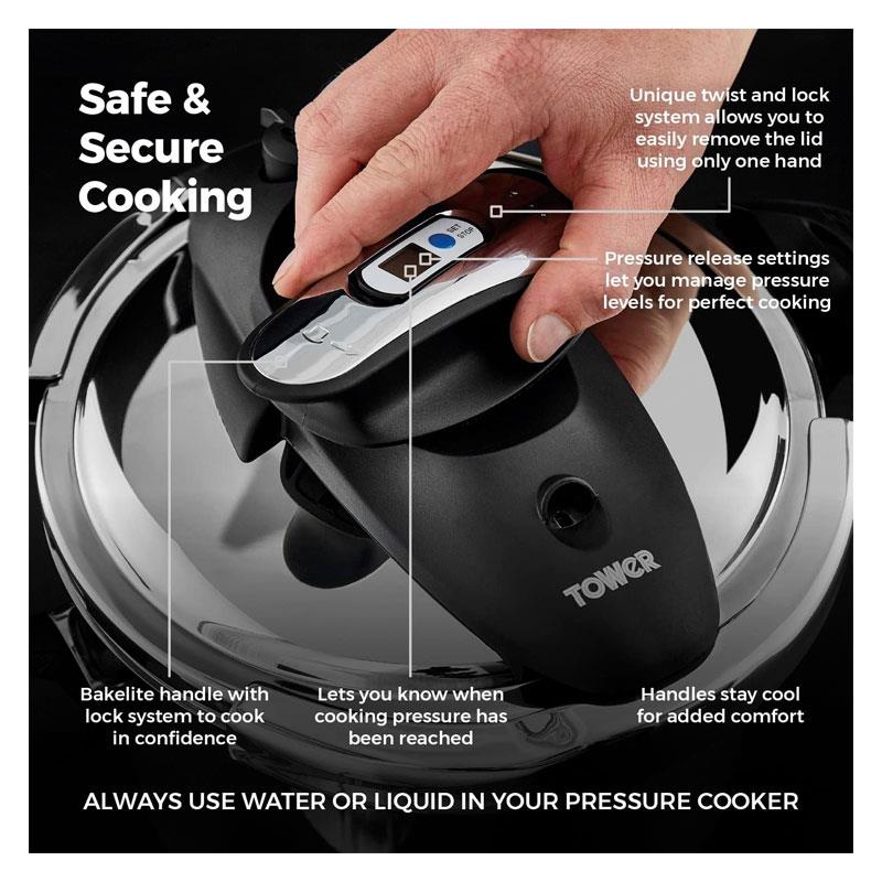 Tower One-Touch Ultima Pressure Cooker 4 Litre Detachable 60 Minute Timer Stainless Steel Silver