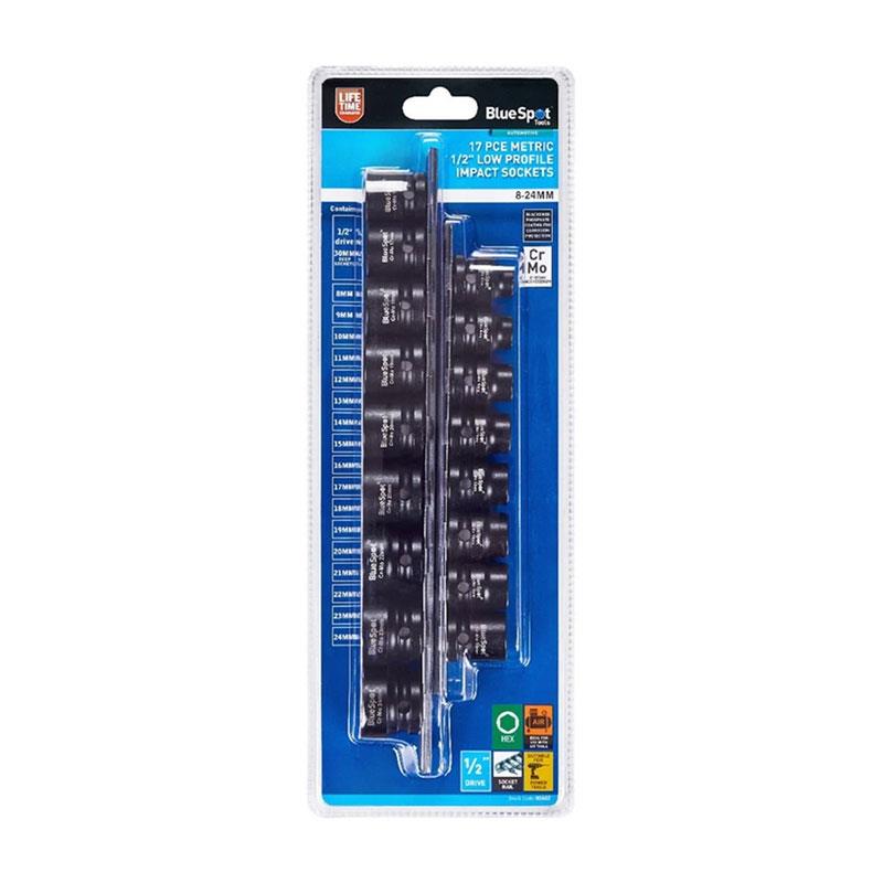 Blue Spot Tools Metric 1/2 Inch Low Profile Impact Sockets 8-24mm 17 Piece