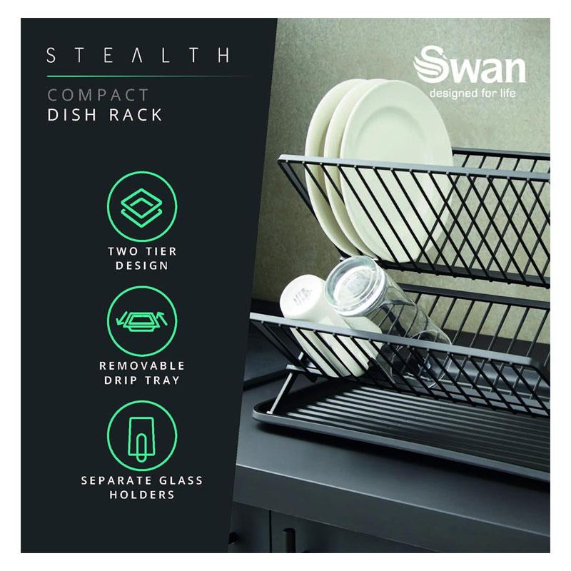 Swan Stealth 15 Plate Collapsible Dish Rack Removable Drip Tray - Black