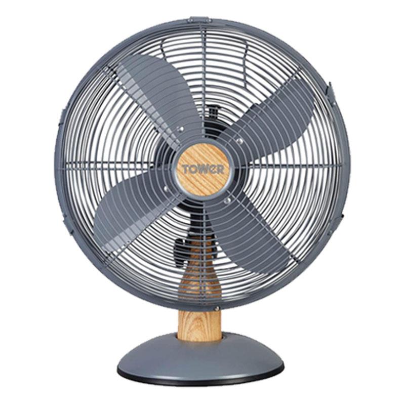 Tower 12 Inch Scandi Metal Desk Fan 3 Speed Settings 35W Grey And Wood Effect