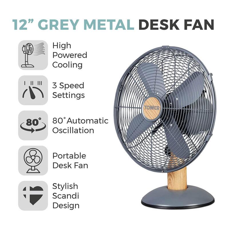 Tower 12 Inch Scandi Metal Desk Fan 3 Speed Settings 35W Grey And Wood Effect Secondary image