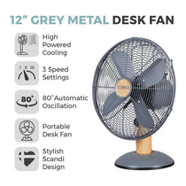 Tower 12 Inch Scandi Metal Desk Fan 3 Speed Settings 35W Grey And Wood Effect