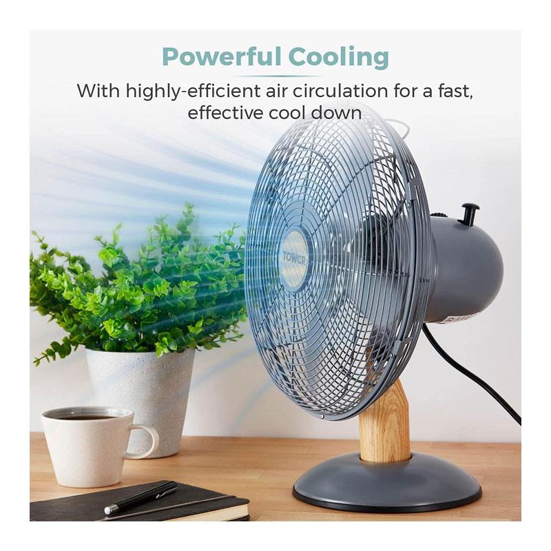 Tower 12 Inch Scandi Metal Desk Fan 3 Speed Settings 35W Grey And Wood Effect