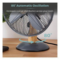 Tower 12 Inch Scandi Metal Desk Fan 3 Speed Settings 35W Grey And Wood Effect