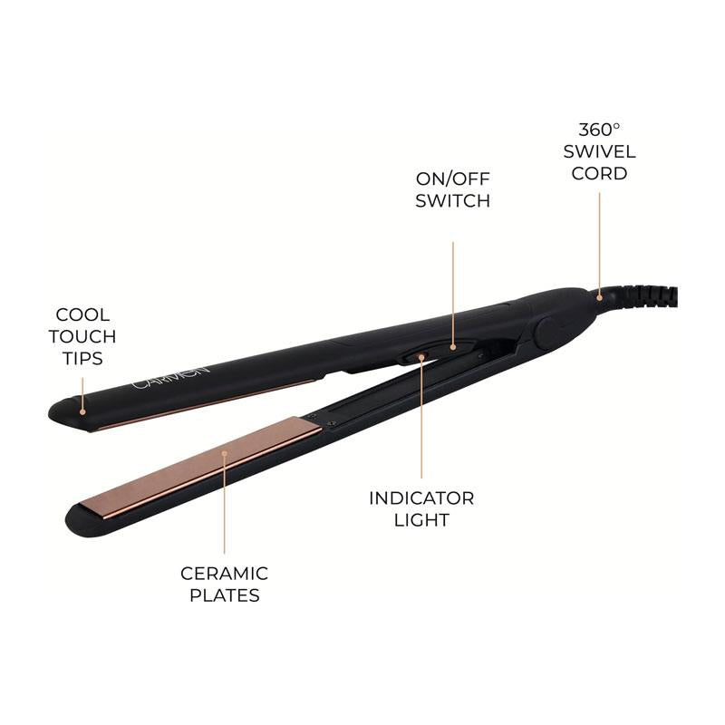 Carmen Noir Hair Straightener Ceramic Plates And Anti Tangle 360 Swivel Cord Black & Copper