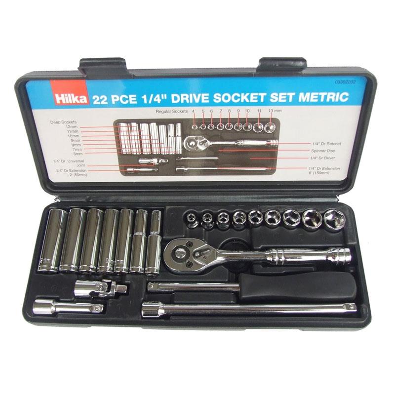 Hilka Tools 1/4 Inch Drive Socket Set Metric Carbon Steel Chrome Finish 22 Piece